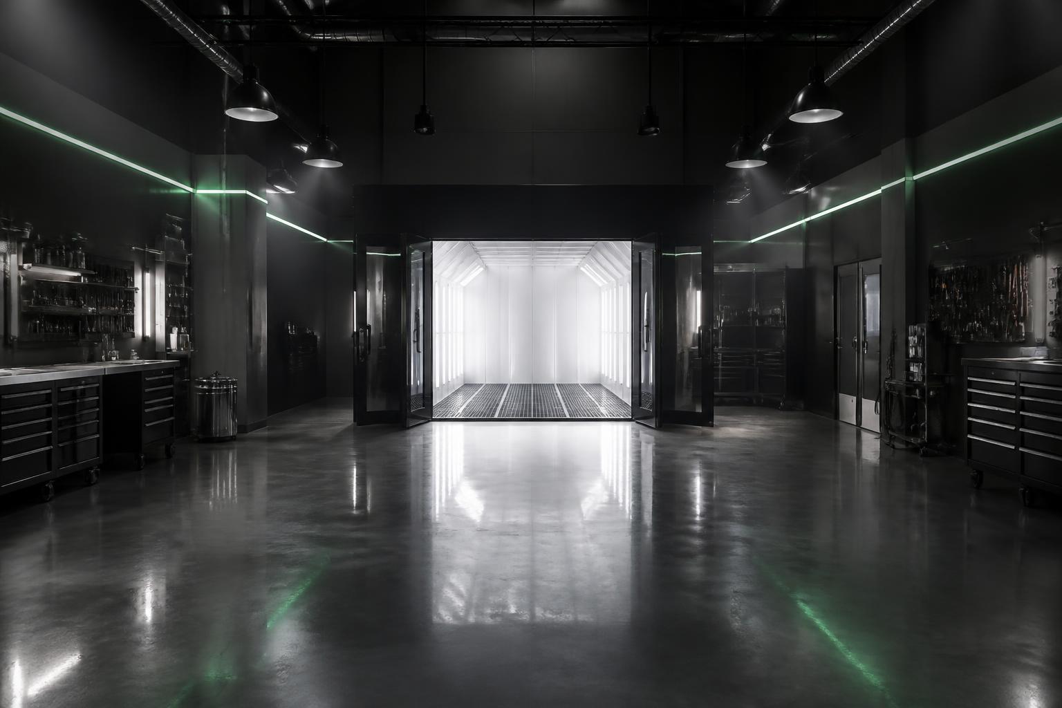 Oficina premium da Funilaria Titanium com cabine de pintura e iluminação verde neon